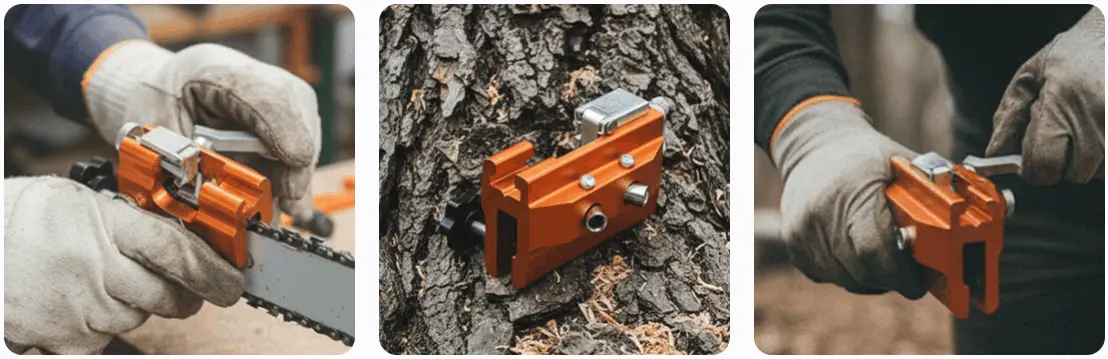 Step by step guide showing how to use the SawShark chainsaw sharpener on the bar