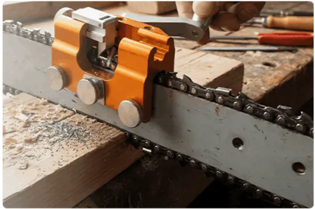 SawShark blade sharpener tool restoring a dull chainsaw chain to sharp