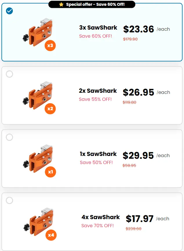 SawShark chainsaw sharpener pricing - 1, 2 and 3 pack bundle discounts